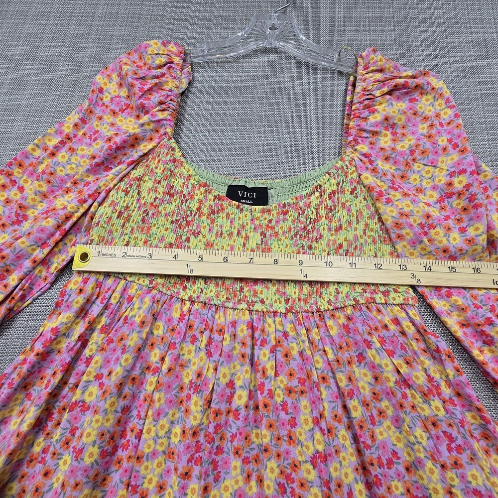 VICI Dress Womens Small Multicolor Floral Smocked Long Sleeve Boho Trapeze Swing - Picture 3 of 12